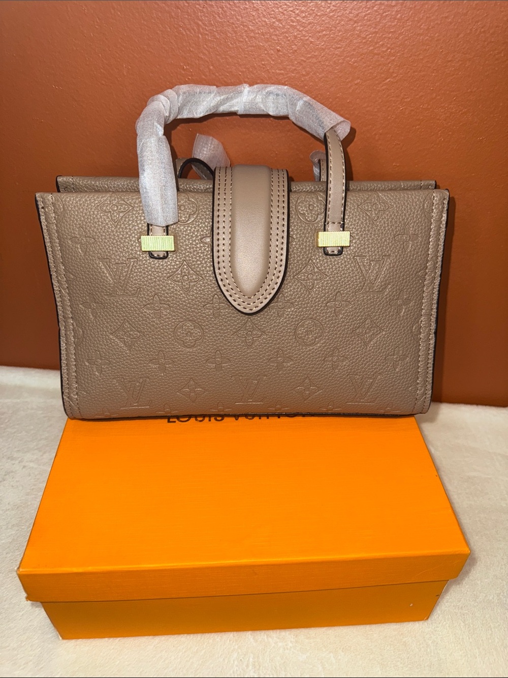 Taupe Monogram Embossed Top-Handle Satchel